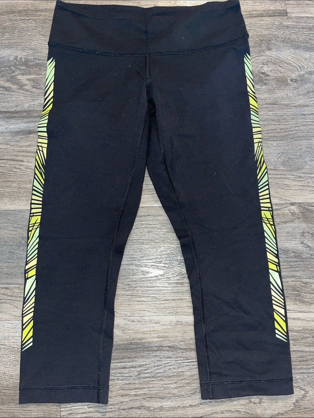 Vintage Lululemon Black Capri Leggings with Neon Yellow Side Stripe